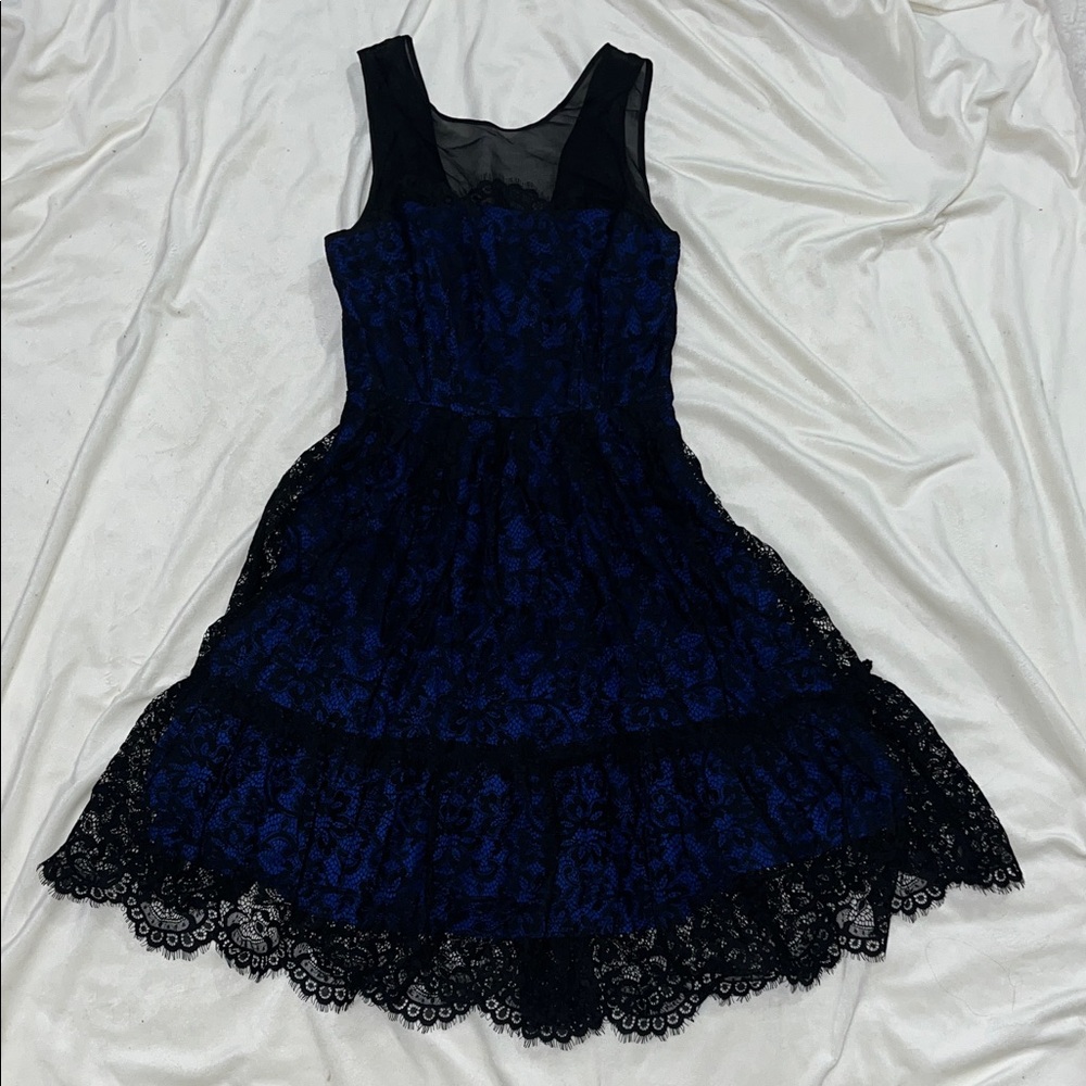 Anthropologie Black lace dress. Blue lining. Size 0. NYE Party ready